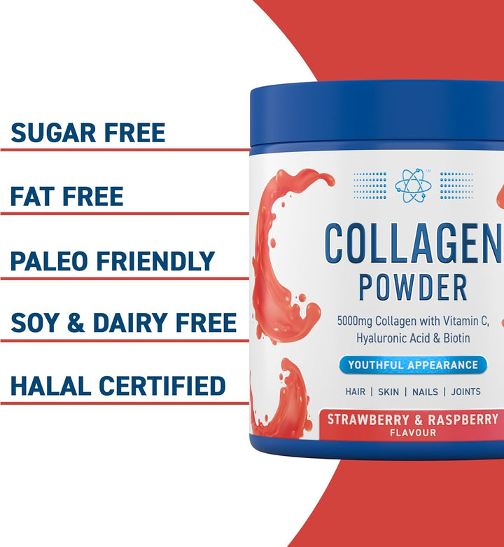Collagen Powder - Strawberry & Raspberry Flavour - 5000Mg Hydrolysed Bovine Flavoured Collagen Peptides with Vitamin C, Hyaluronic Acid & Biotin (165G - 30 Servings)
