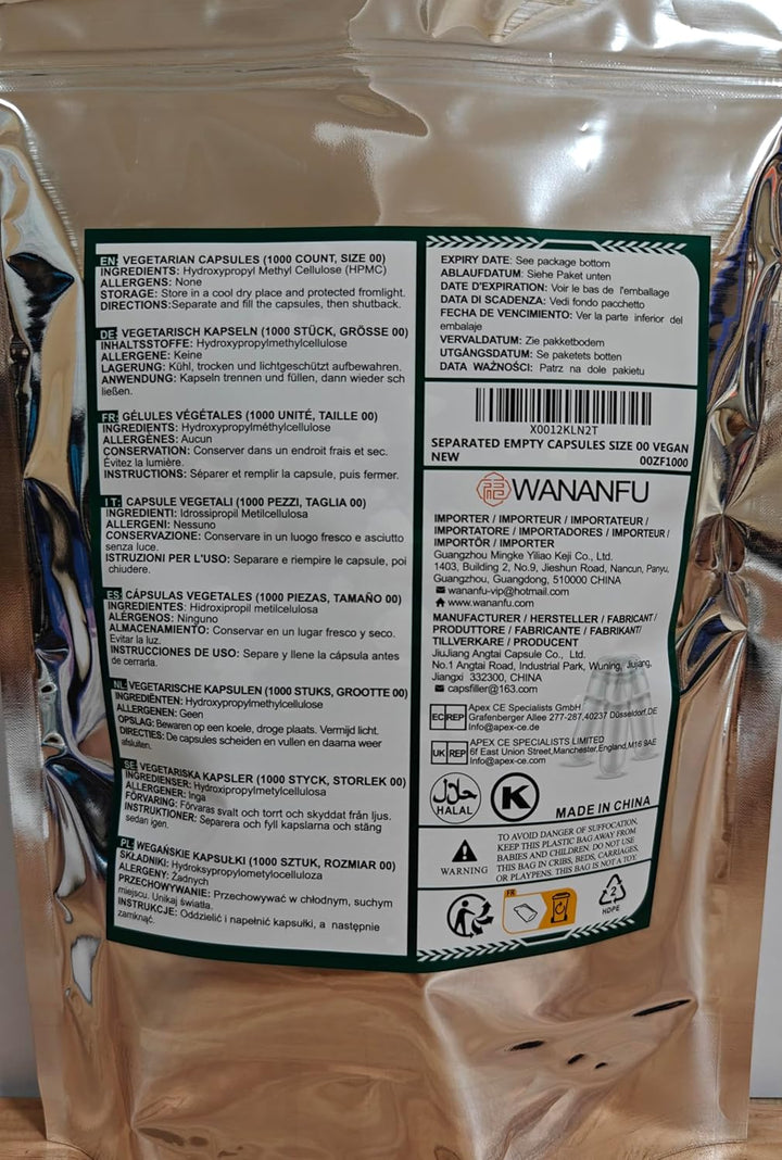 Separated Empty Capsules Size 00 Vegetarian (1000 Count), Compatible with Capsule Filling Machine 00