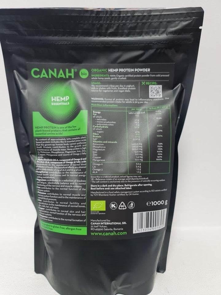 ® Organic Hemp Protein Powder 1Kg Vegan, High in Protein, Fibre, Omega 3 & Omega 6, Amino Acids, Vitamins and Minerals, Certified Kosher + Free Bonus Recipes