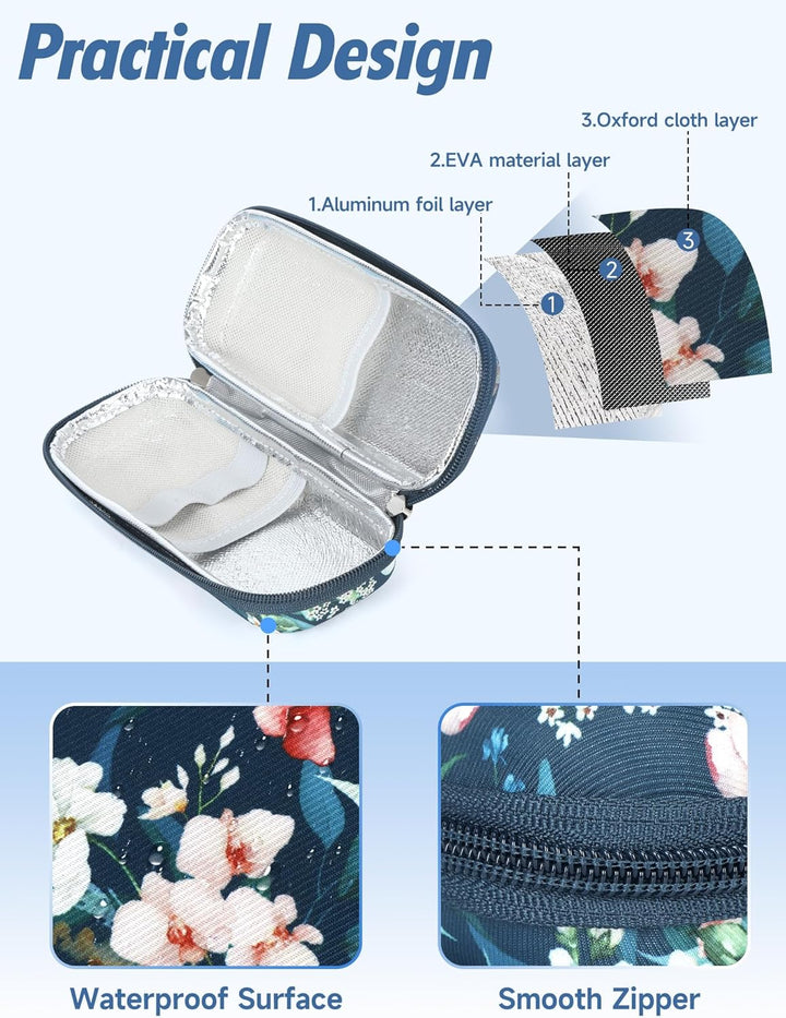 Monjaro Travel Case - Insulin Cooler Travel Case with 2 Ice Packs, Keep Medicine Cool While Traveling, Medicine Cool Bag for Diabetes Supplies(Blue Camellia)