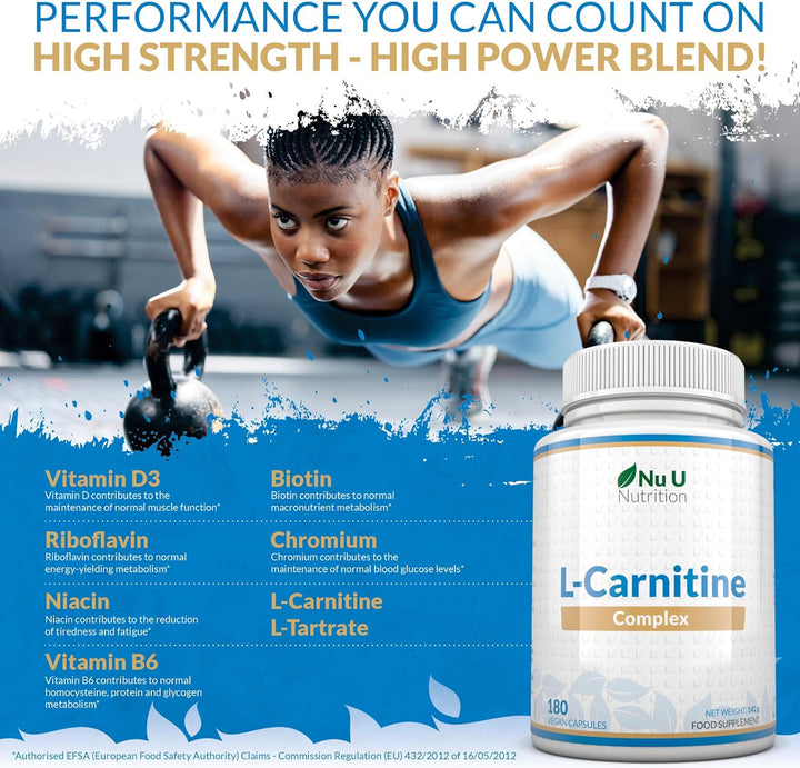 L-Carnitine Tartrate Complex 2200Mg - 180 Vegan Capsules - with Chromium, Riboflavin, Biotin, Vitamin D, B3 & B6 - High Strength L Carnitine Supplement - Made in the UK -