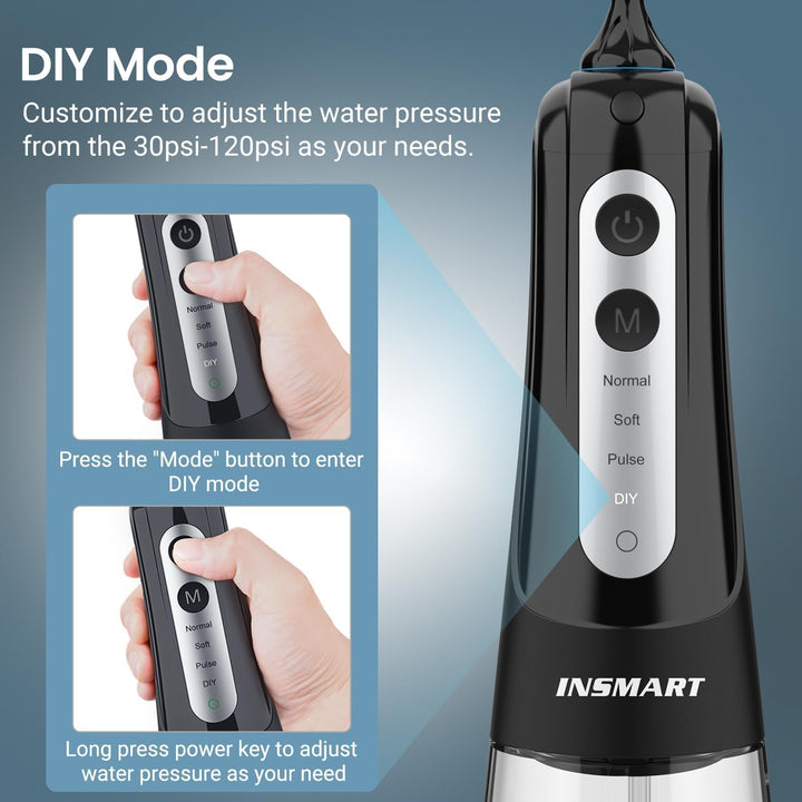 Cordless Water Dental Flosser Teeth Cleaner,  Professional 300ML Tank DIY Mode Rechargeable Dental Oral Irrigator for Home and Travel, IPX7 Waterproof 6 Modes Irrigate Oral Care (Black)