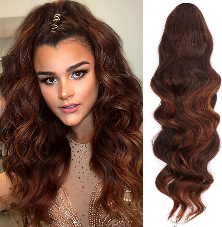 Long Wavy Ponytail Hair Extension for Black Women Drawstring Ponytail Hair Extensions Clip in Black Curly Synthetic Hairpiece