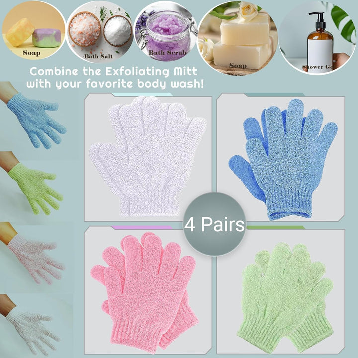 8 Pcs Shower Gloves Exfoliating, Double Sided Deep Clean Body Exfoliator Scrub for Women & Men (4 Pairs) Shower Gloves Bath Sponge Exfoliating Mitt for Shower, Spa, Massage, Dead Skin Cell Remover