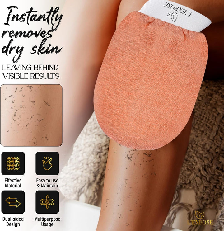 Moroccan Kessa Exfoliating Glove 2Pc - Korean Exfoliating Mitt for Body Ideal for Dead Skin Remover, Keratosis Pilaris & Self-Tanning to Improve Skin Tone Made with 100% Natural Viscose