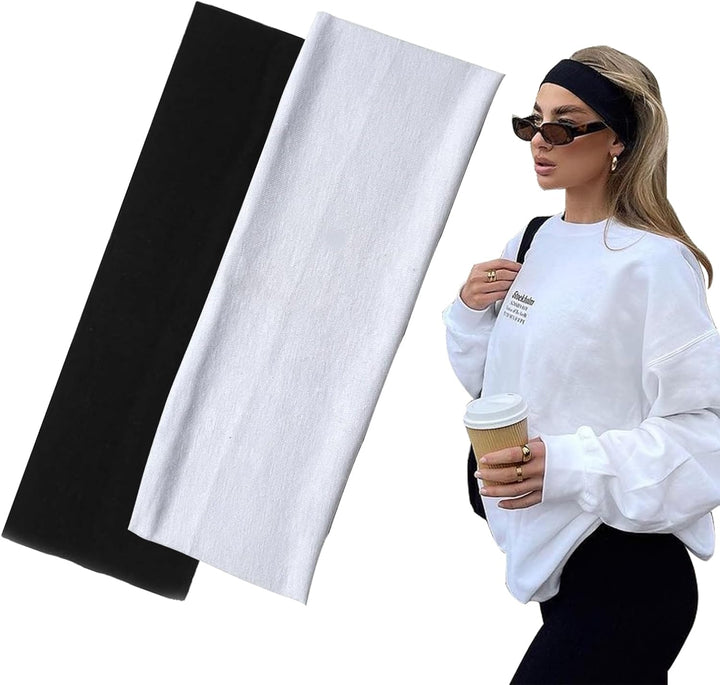7Cm Wide Black Headbands for Women Men,  2Pack Fashion Head Bands for Women'S Hair, Soft Fabric Stretchy Hair Bands for Makeup, Yoga, Running (2Xblack)