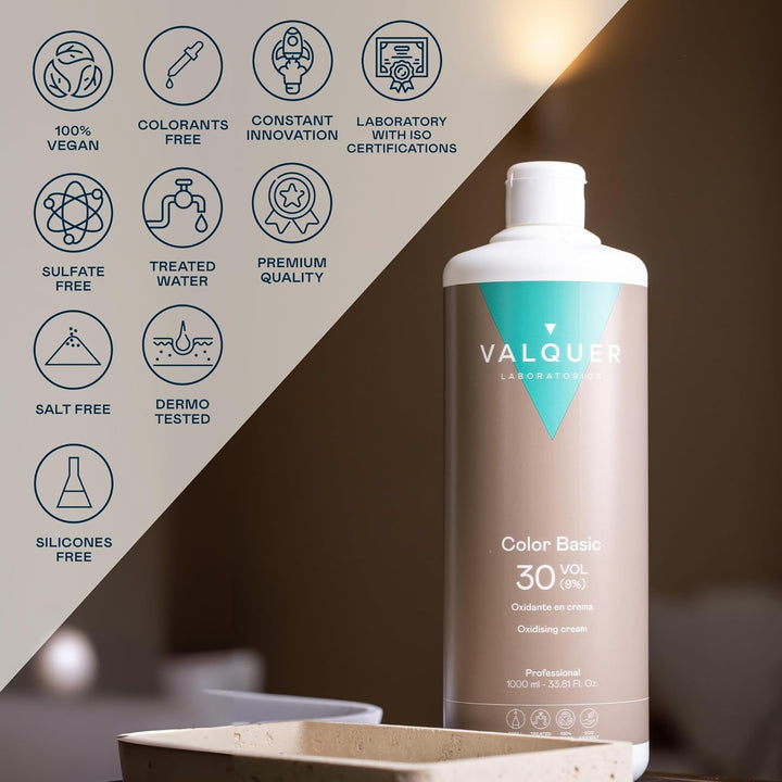 VALQUER Premium Stabilized Cream Peroxide 30 Vol 9% | Professional Oxidizing Cream for Hair Coloring & Bleaching | Vegan Formula with Natural Ingredients | Salon Use | 1L
