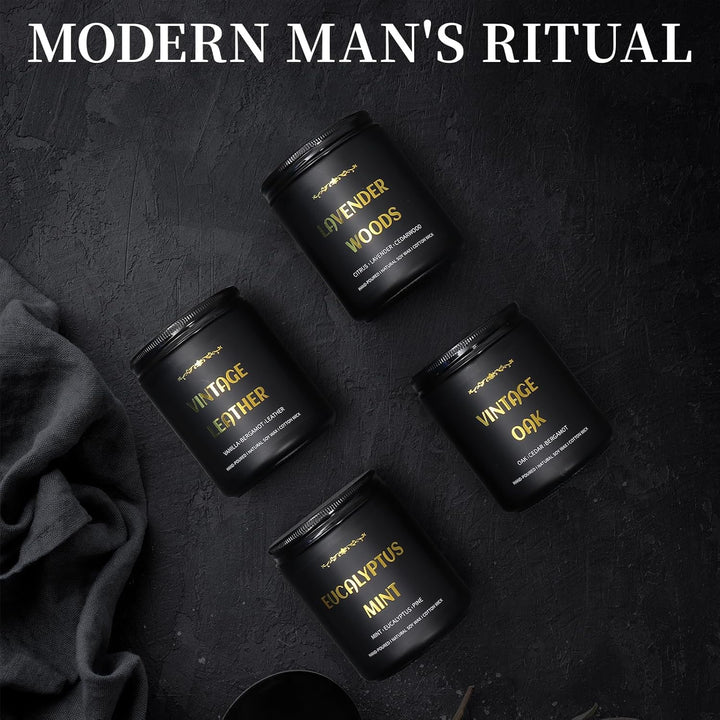 Scented Candles for Men, 4 Pack Mens Candle Set, Soy Candles for Home Scented, Masculine Candle for Him, 28Oz, 200 Hours Burning Time Aromatherapy Candles of Lavender/Eucalyptus/Leather/Oak