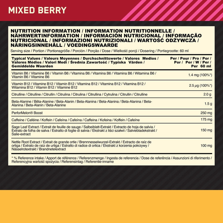 Gold Standard Pre-Workout Energy Shot, Ready to Drink Food Supplement with Beta Alanine, Caffeine, Performelon Boost and Vitamin B6 and B12, Mixed Berry Flavour, 12-Pack, 12 X 60 Ml
