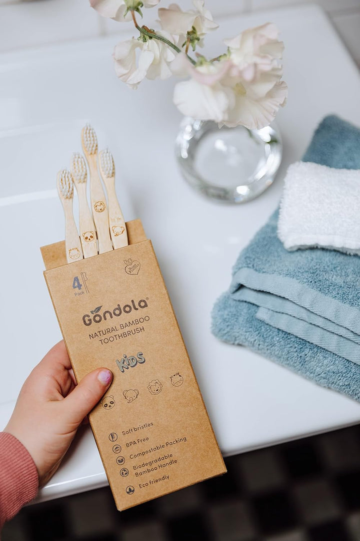 Organic Bamboo Toothbrushes for Kids - Soft Bristles, Fun Animal Designs | Biodegradable & Eco Friendly | Wooden Handle Toothbrushes | Zero Waste Packaging - 4 Pack