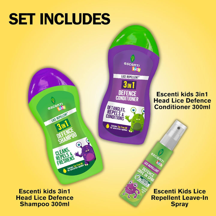 Escenti Kids Head Lice Treatment Defense Kit: Head Lice Shampoo, Tea Tree Conditioner & Leave-In Head Lice Prevention Spray for Kids Bundle by