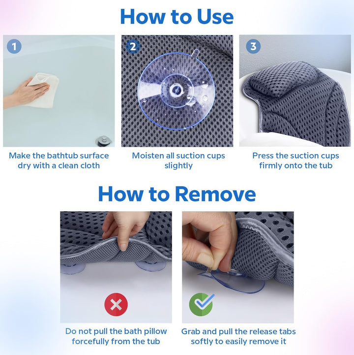 Luxury Bath Pillow, Non-Slip Comfortable Bathtub Pillow with 6 Suction Cups, Ergonomic 4D Air Mesh Headrest Cushion for Head, Shoulder, Neck and Back Support Home Spa Hot Tub Jacuzzi (Grey)