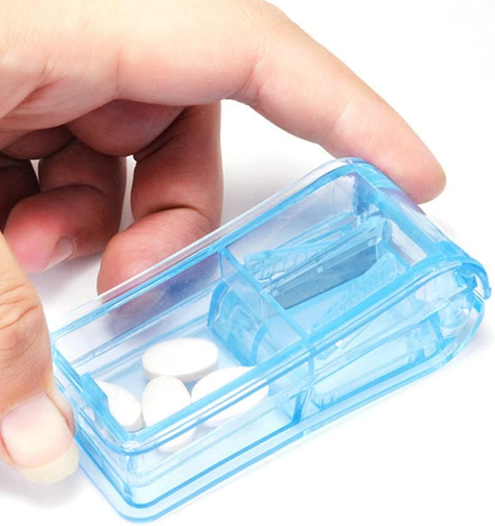 Pill Cutter, Portable Tablet Cutter with Blade and Storage Compartment 2-In-1 Pill Splitter Pill Case Half Quarter for Small or Large Pills Transparent Blue