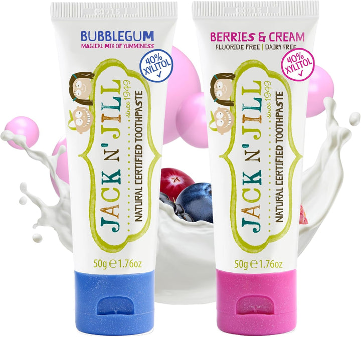 Jack N’ Jill Natural Certified Kids Toothpaste – Fluoride-Free Toddler & Baby Toothpaste with 40% Xylitol, No Sugar, Suitable from 6 Months+, Banana & Strawberry Flavour, Pack of 2 (50G Each)