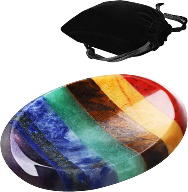 Thumb Worry Stone for Anxiety with Velvet Bag - 7 Chakra Healing Crystal Oval Pocket Palm Stone Gemstones for Reiki Balancing Meditation and Anxiety Relief