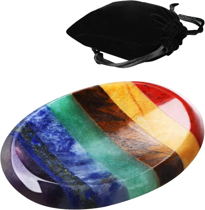 Thumb Worry Stone for Anxiety with Velvet Bag - 7 Chakra Healing Crystal Oval Pocket Palm Stone Gemstones for Reiki Balancing Meditation and Anxiety Relief