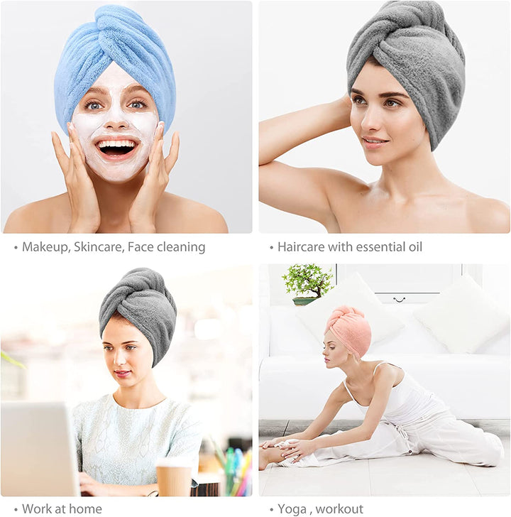 3 Pack Microfiber Hair Drying Towel Wrap Super Absorbent Twist Turban Fast Dry Hair Caps with Buttons Bath Loop Fasten Salon Dry Hair Hat (Gray Pink Blue)