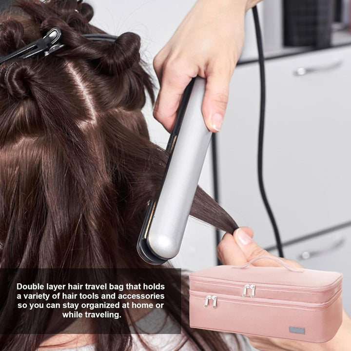 40 * 15 * 14Cm Double Layer Hair Dryer Storage Bag - Hair Straightener Travel Case, Dryer and Straightener Storage Bag, Styler Travel, Styler Storage, Pink