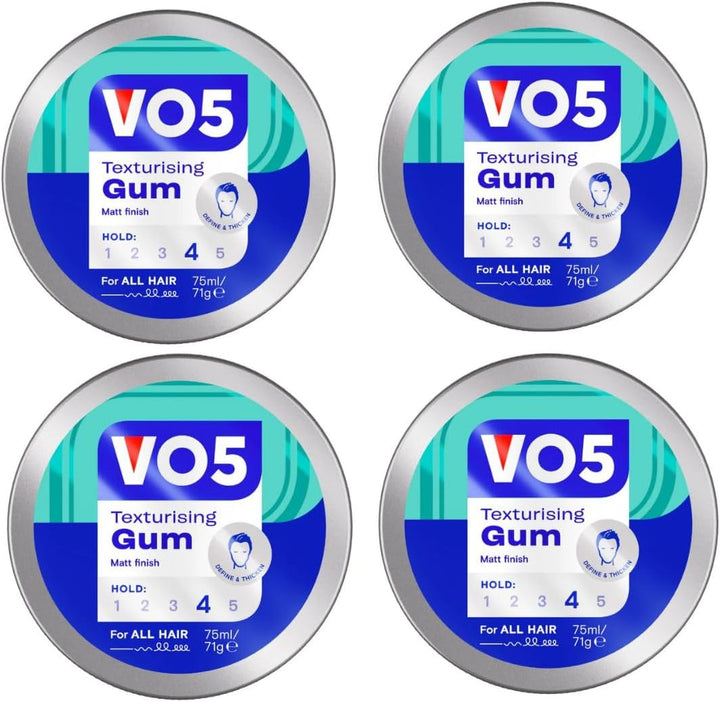VO5 Texturising Gum with Extra Firm Hold for Natural & Stylish Look for Men Offers an All-Day Hold and Ideal for Extreme Styling, Smoothing, Separating, and Texturizing, 75Ml (Buy 4)