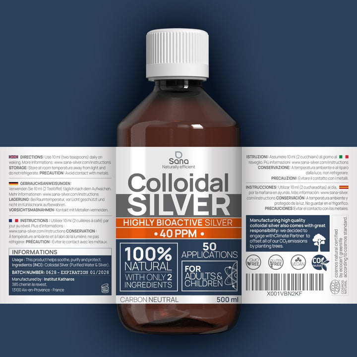 Colloidal Silver 40 PPM 500 Ml - for Humans & Dogs - Silver Water, Small Particles for Results - Carbon Neutral