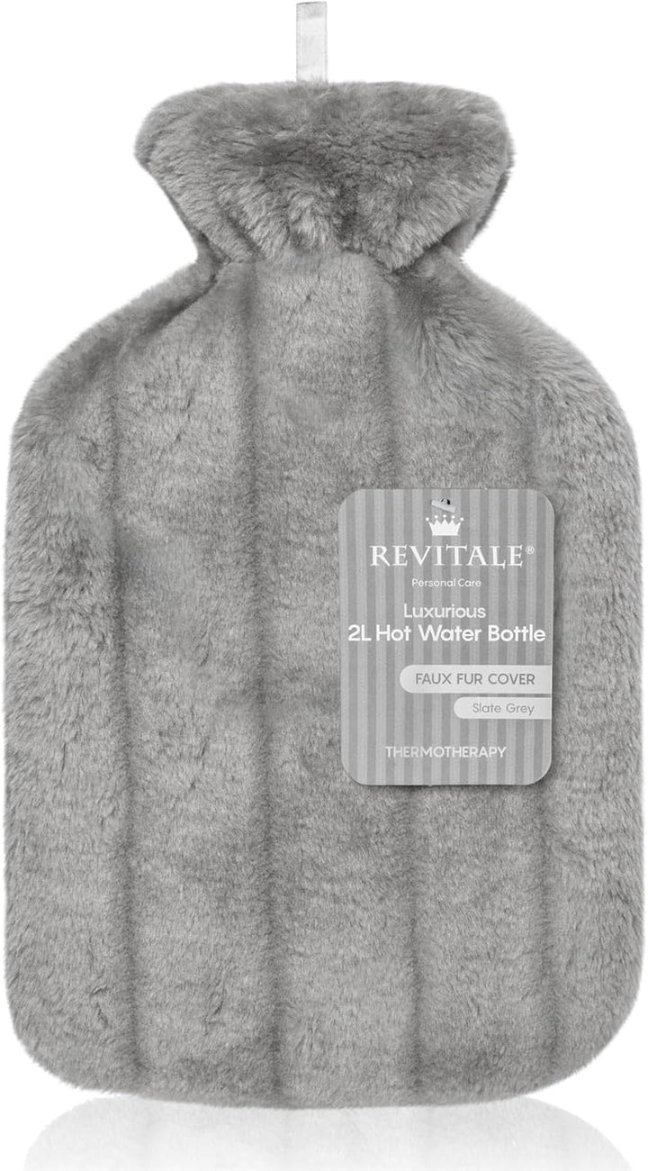 Luxury Cosy Hot Water Bottle 2 Litre, Soft Cover, Single Ribbed Natural Rubber 2025, British Standard BS1970:2012, Durable & Leak-Resistant (Slate Grey)
