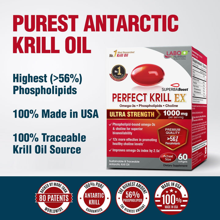 Perfect Krill EX, the Purest Ultra Strength Antarctic Krill Oil, Highest Phospholipids (>56%), with Choline & Astaxanthin, Omega 3, Heart & Joint Support, 100% Made in USA, 60 Softgel