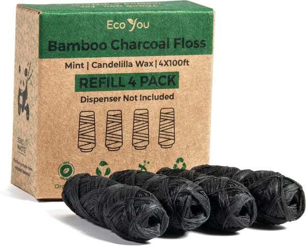 Eco Floss Charcoal Dental Floss Refills | Mint & Candelilla Wax Biodegradable Floss (Black 4 Refills Only)