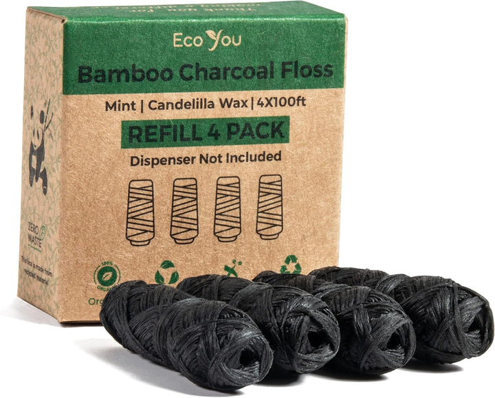 Eco Floss Charcoal Dental Floss Refills | Mint & Candelilla Wax Biodegradable Floss (Black 4 Refills Only)