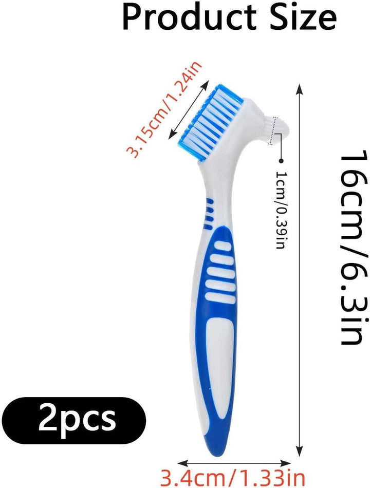 2 Pcs Dentures Cleaning Brush Set, Denture Cleanings Care Brush, Dual Head Denture Cleaning, Easy Hold Handle, for Oral Care, Effective Cleaner, Braces, Retainers and Dentures(Green, Blue)