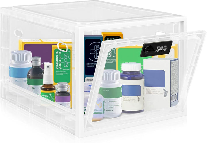 Lockable Medicine Box with Code, 12.6L Large Lockable Storage Box for Medication, Snacks, Phone, and Electronics - Bpa-Free, Clear Design with Charger Holes for Home, Office, Dorm, and Fridge