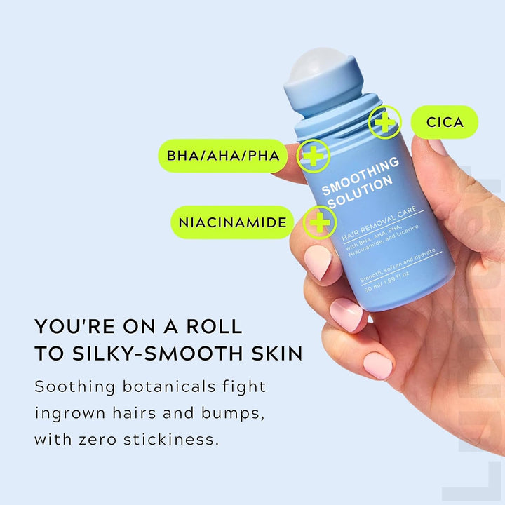 Smoothing Solution Ingrown Hair Treatment, after Shave Soothing Roll on Serum with BHA AHA, Razor Bump & Ingrown Hairs Serum for Men & Women Underarm/Face/Neck/Leg, Tend Skin Solution, 50ML