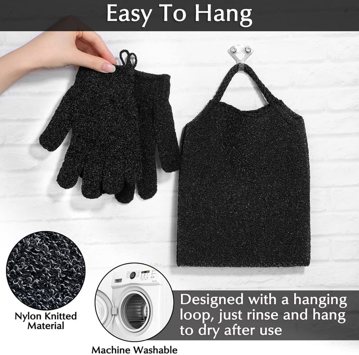Exfoliating Back Scrubber Bath Gloves Set, Exfoliating Shower Towel with Shower Gloves for Body Scrub, Back Cleaner Wash Gloves to Remove Dead Skin (Black)