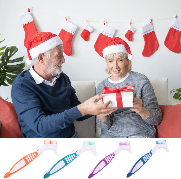 Denture Brush, 4 Pieces Small Toothbrush for Dentures, Multi-Layered Bristles Ergonomic Rubber Handle for False Teeth Cleaning