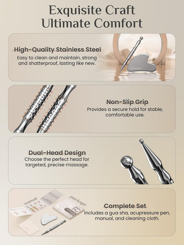 Stainless Steel Gua Sha and Acupuncture Pen, Manual Reflexology Tools for Muscle Tension and Pain Relief, Acupressure Pen and Gua Sha Set with Reflexology Chart, Easy to Use