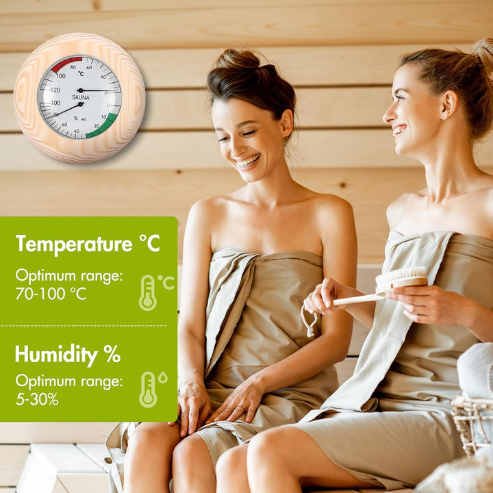 2-In- Sauna Thermometer and Hygrometer, round Wood Thermo-Hygrometer, High Accuracy Sauna Accessories Hygro Meter, Digital Thermometer Hygrom Eter for Steam Room Sauna Room