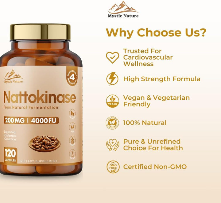 Nattokinase 120 Capsules | 200 MG 4000 FU per Capsule | 100% Natural Vegan Non-Gmo | Protein Enzyme from Japanese Natto | New & Improved Formula | 4 Months Supply