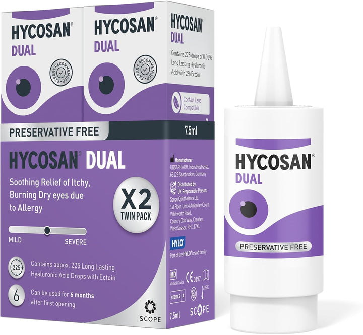 Dual - Double Action Eye Drops with Hyaluronic Acid and Ectoin for Soothing Relief of Itchy, Burning or Dry Eyes Due to Allergens - Preservative Free - 225 Measured Doses
