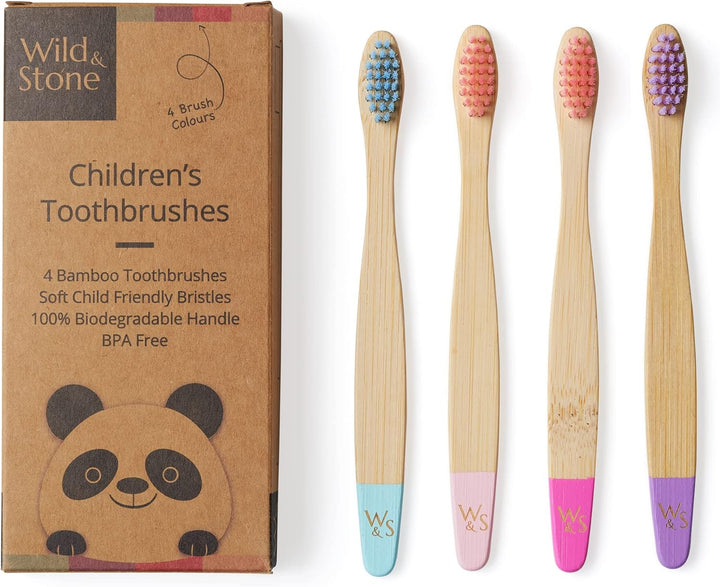 | Organic Children'S Bamboo Toothbrush | 4 Pack | Soft Fibre Bristles | 100% Biodegradable Handle | BPA Free | Vegan Eco Friendly Kids Toothbrushes (Multicolour)