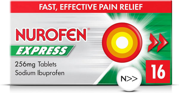 Express Ibuprofen 256Mg, 16 Tablets - Pain, Sinus, Migraine, Headache, Toothache Relief, Long Lasting Cold & Flu Relief