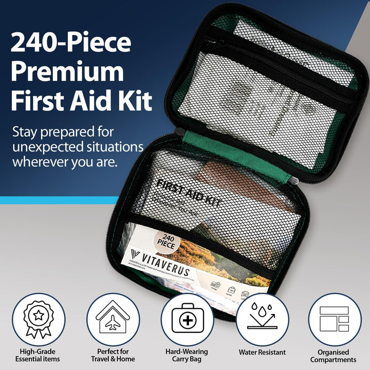 240 Piece Premium First Aid Kit Bag - Includes Eyecare, 2 X Cold (Ice) Packs and Emergency Blanket for Home, Office, Car, Caravan, Workplace, Travel and Sports