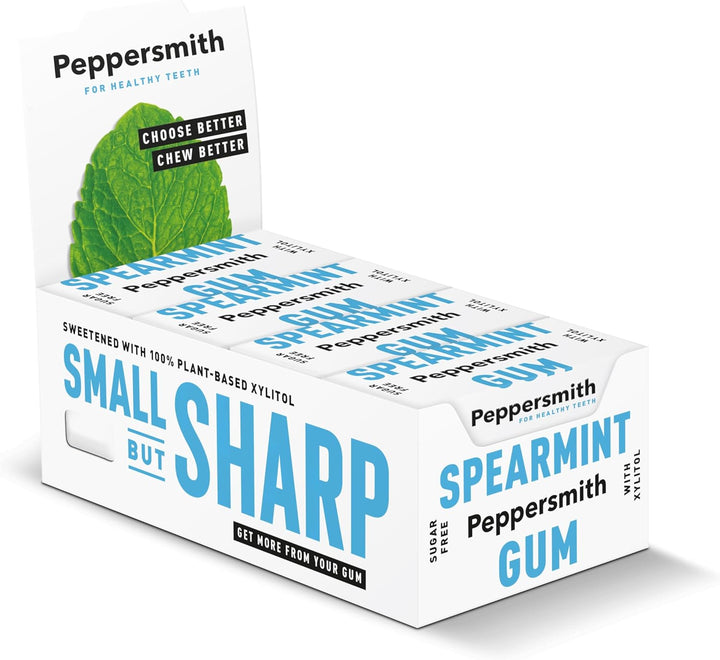 - British Peppermint Chewing Gum - Vegan Friendly - 100% Xylitol Plant Based Sweetener - Fresh Breath - Sugar Free Gum - Benefits Oral Health - Pocket Packs - 12X15G