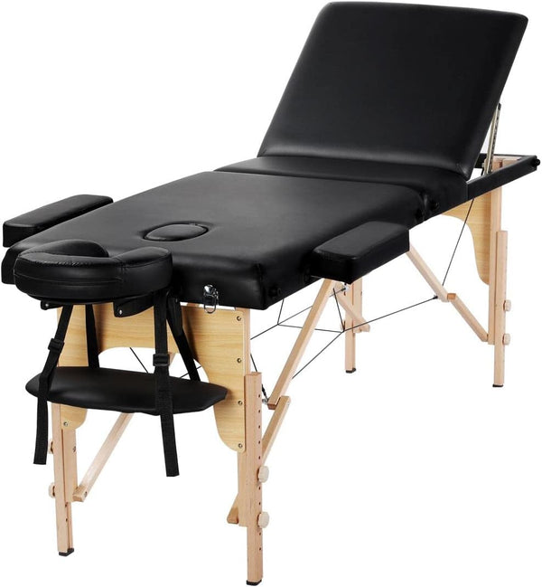 Portable Massage Table Folding Spa Beauty Bed Lightweight Tattoo Therapy Couch Wooden 60 Cm Width 3 Section Black