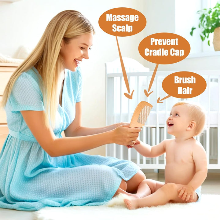 Baby Wooden Brush and Comb Set, Set of 3 Soft Goat Hair Brush with Find-Teeth Comb and Cradle Cap Brush for Newborns Toddlers Newborn Boys Girls (Pink)