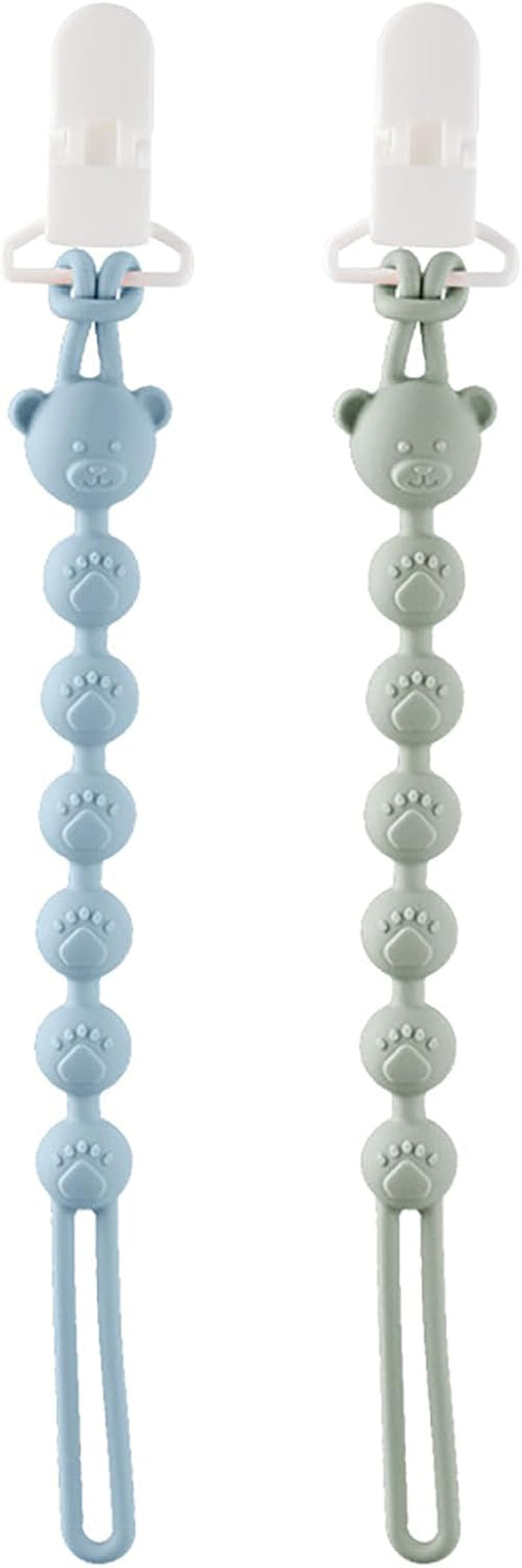 2 Pack Silicone Dummy Clip, Secure Dummy Clip for Boys & Girls, Baby Dummy Clip with Soft Bear Design, Fits Pacifiers & Teething Toys, Blue & Green Colours