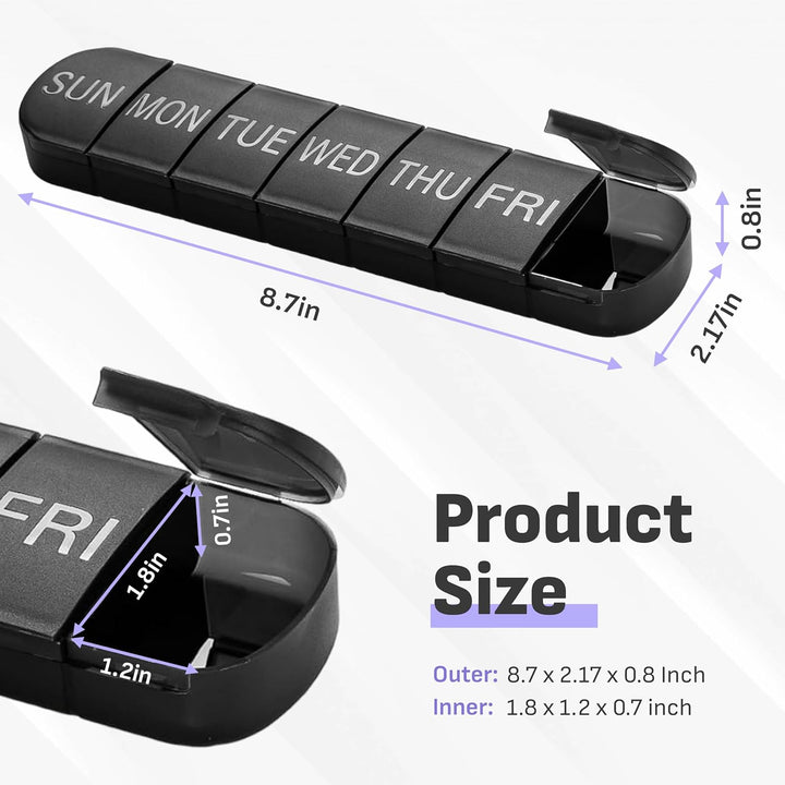 Black Weekly Pill Box Organiser with Upgraded Open Design | Premium Quality 7 Day Travel Tablet Box | Portable Pill Case for Medications, Vitamins, and Supplements