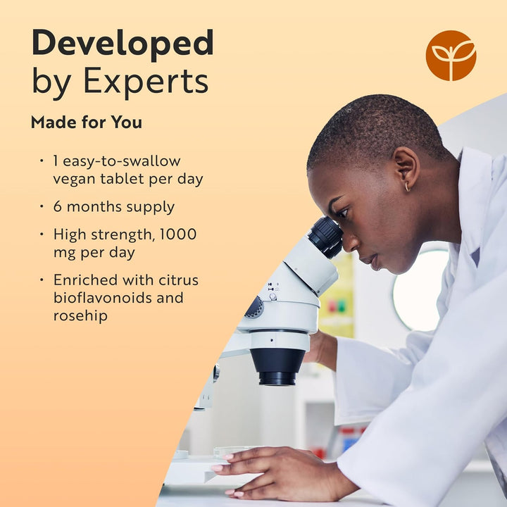 Vitamin C 1000Mg – 180 Premium Vegan & Vegetarian Tablets – 6 Month Supply – High Strength Ascorbic Acid – with Added Bioflavonoids & Rosehip – Normal Immune System – Made in the UK