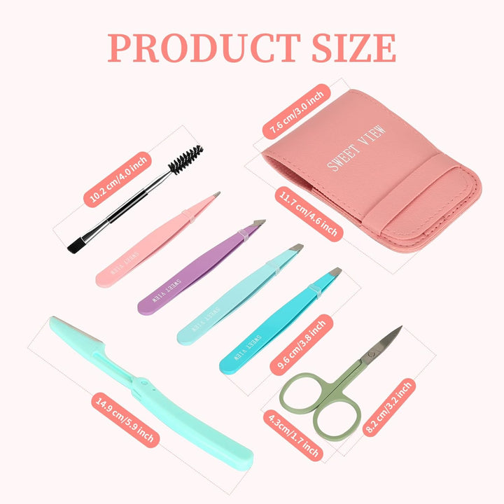 7Pcs Eyebrow Tweezers Kit for Women Precision Plucker with Brow Scissors & Razor & Spoolie for Facial, Chin, Brow, Splinter and Ingrown Hair