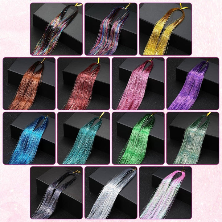 14 Colors 4200 Strands Hair Tinsel, 35.5 Inches Hair Glitter Strands Shiny Colorful Straight Hair Extensions for Women Girls Party Cosplay Rainbow, Hair Tinsel Kit (No Tools)
