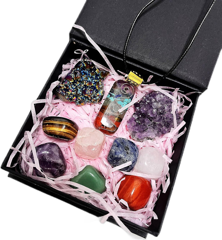 10Pcs Healing Crystals Set Real Crystals Stones Kit, Chakra Crystals Gemstones Amethyst Clusters,Geode Crystals,Chakra Necklace Witchcraft Crystals Gifts Beginners Gifts for Women