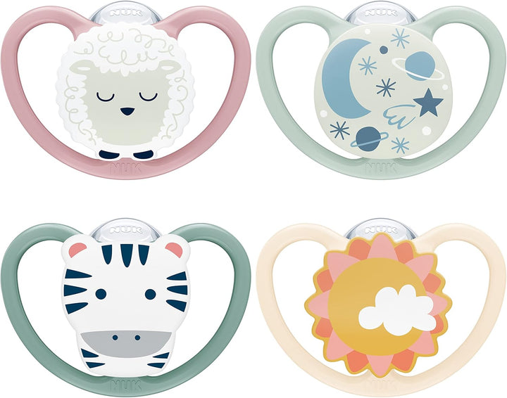 Space Day & Night Baby Dummy | 18-36 Months | Glow-In-The-Dark Soothers with Extra Ventilation for Sensitive Skin | Bpa-Free Silicone | Zebra & Lion | 4 Count